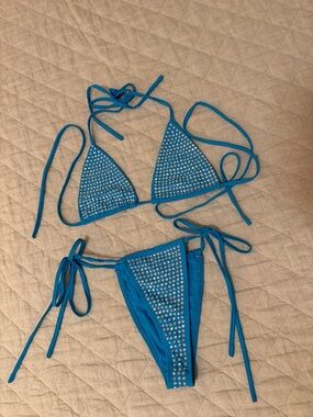 Blue Rhinestone Tie-Side Triangle Bikini